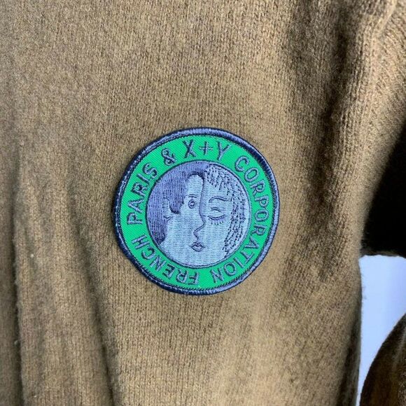 XY Corp Wool Pullover Sweater S Brown Long Sleeve Embroidered Patch High Neck - Picture 3 of 7